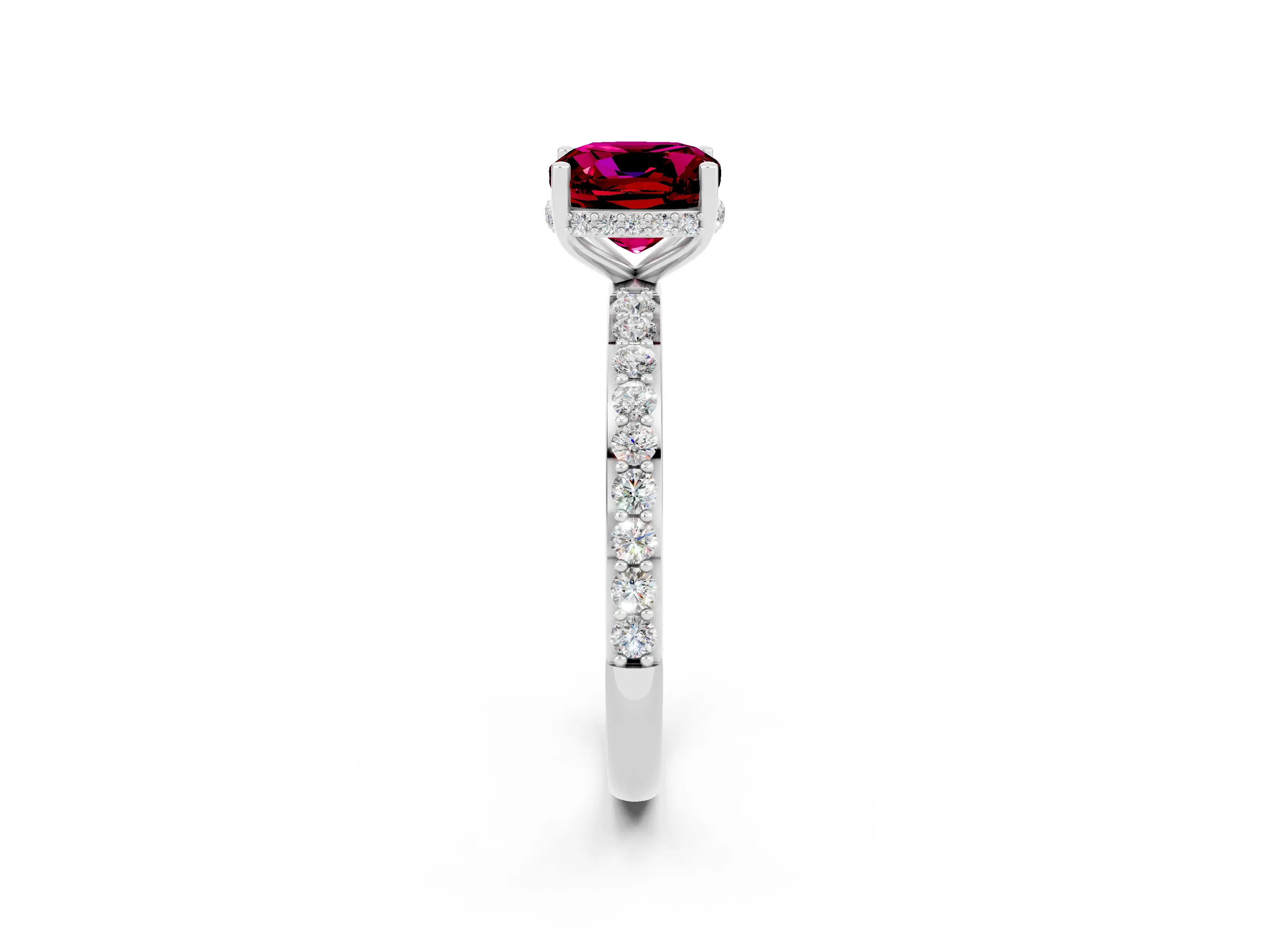 White gold Cushion Cut Garnet Solitaire Ring with Pavé Band and Hidden Halo_2