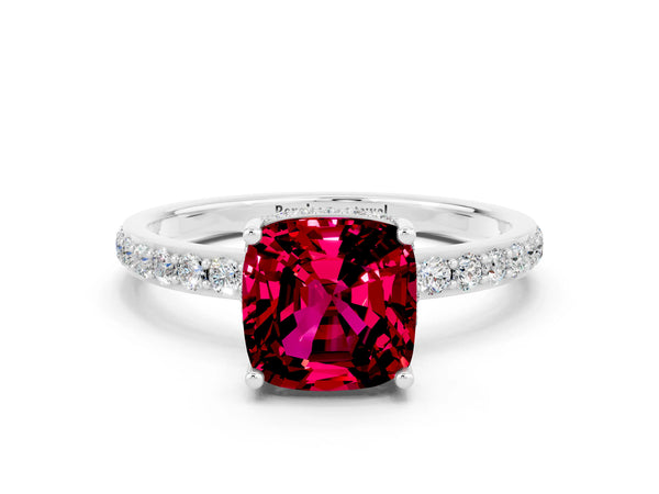 Platinum Cushion Cut Garnet Solitaire Ring with Pavé Band and Hidden Halo