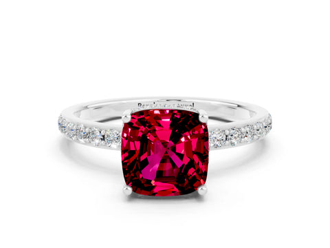 White gold Cushion Cut Garnet Solitaire Ring with Pavé Band and Hidden Halo_24