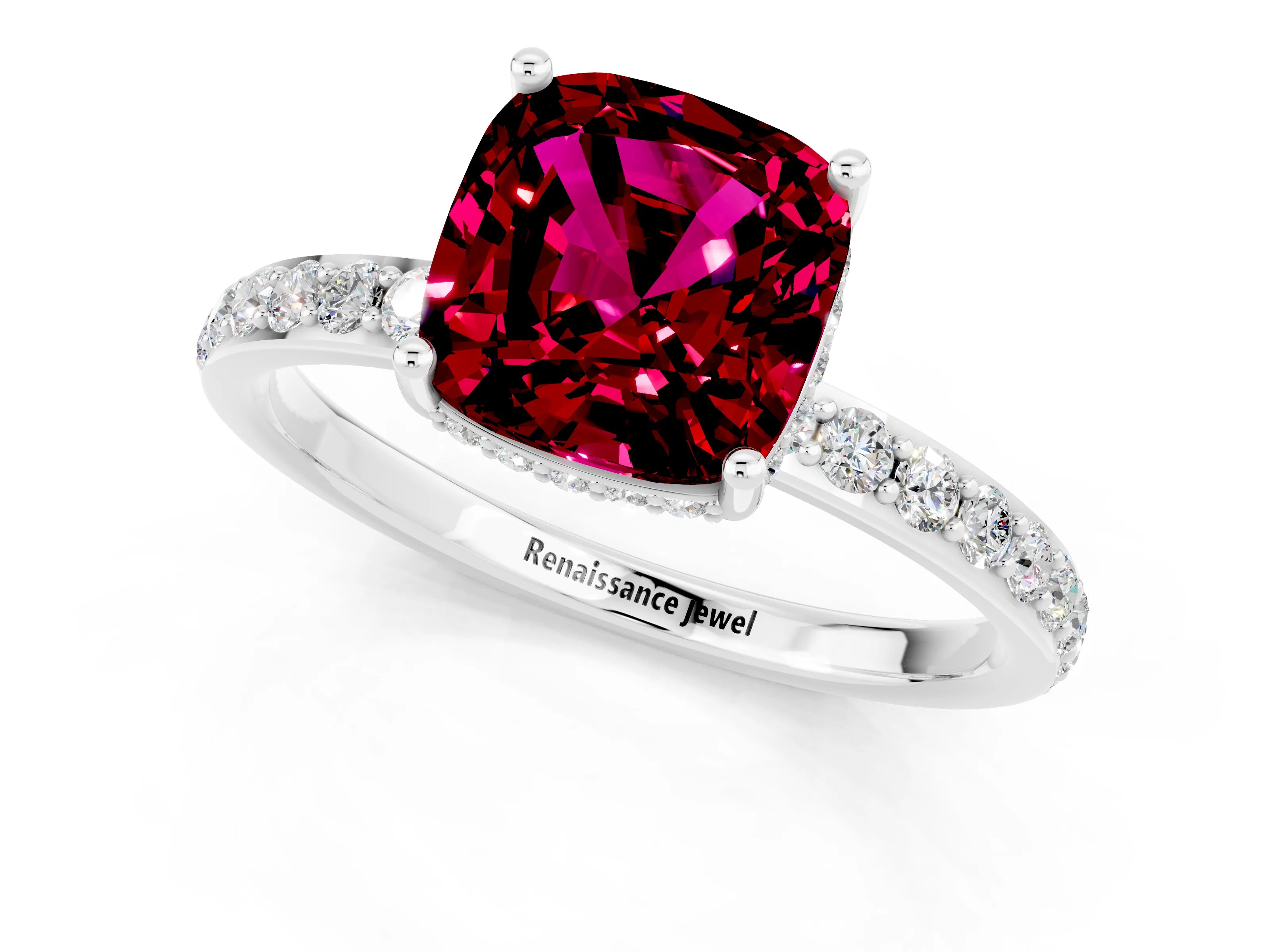 White gold Cushion Cut Garnet Solitaire Ring with Pavé Band and Hidden Halo_25