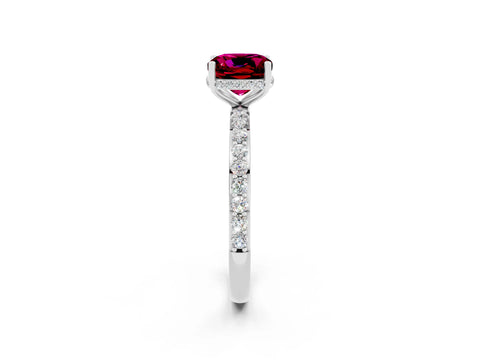 White gold Cushion Cut Garnet Solitaire Ring with Pavé Band and Hidden Halo_26