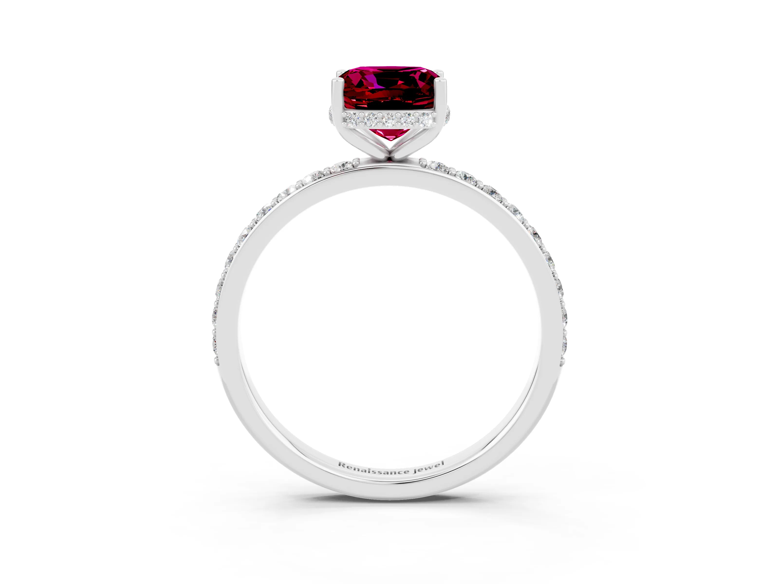White gold Cushion Cut Garnet Solitaire Ring with Pavé Band and Hidden Halo_27