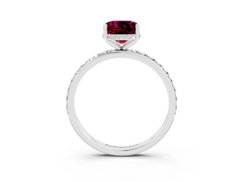 White gold Cushion Cut Garnet Solitaire Ring with Pavé Band and Hidden Halo_27