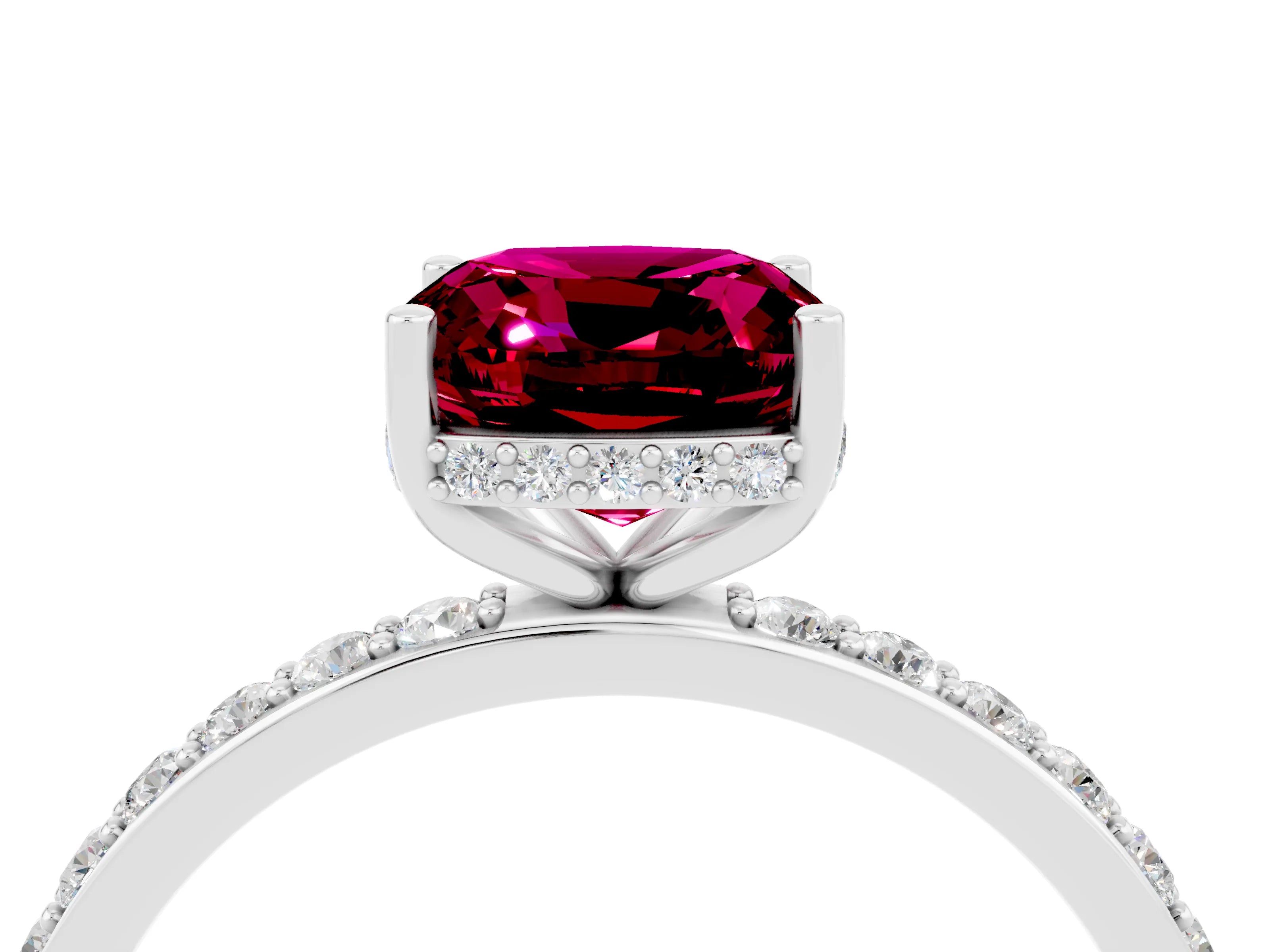 White gold Cushion Cut Garnet Solitaire Ring with Pavé Band and Hidden Halo_28