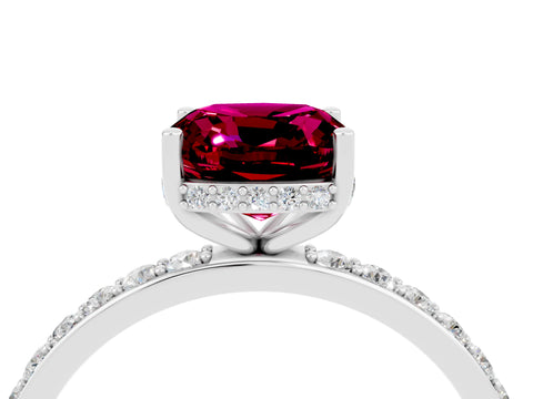 White gold Cushion Cut Garnet Solitaire Ring with Pavé Band and Hidden Halo_28