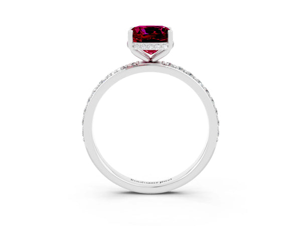 White gold Cushion Cut Garnet Solitaire Ring with Pavé Band and Hidden Halo