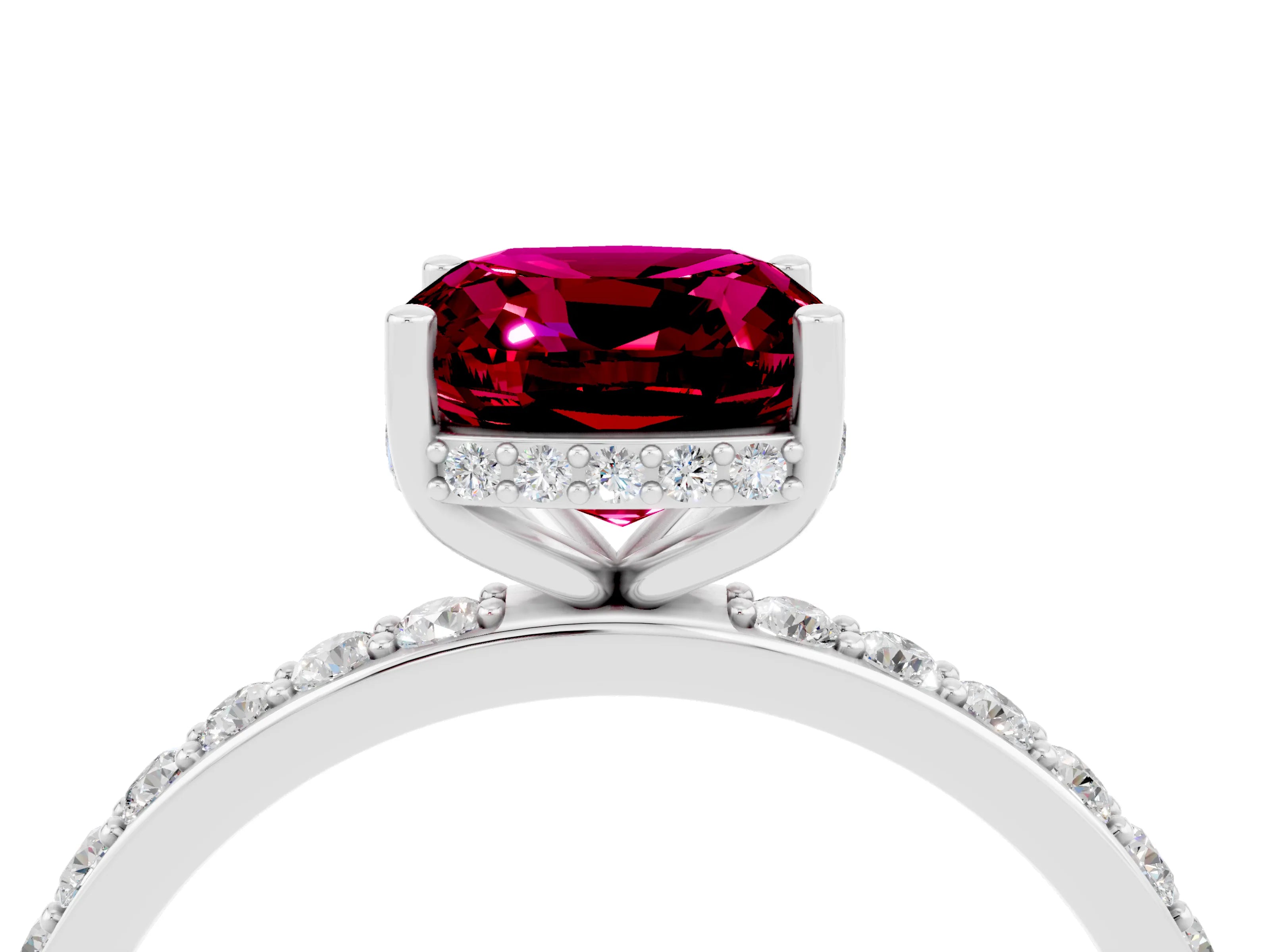 White gold Cushion Cut Garnet Solitaire Ring with Pavé Band and Hidden Halo_34