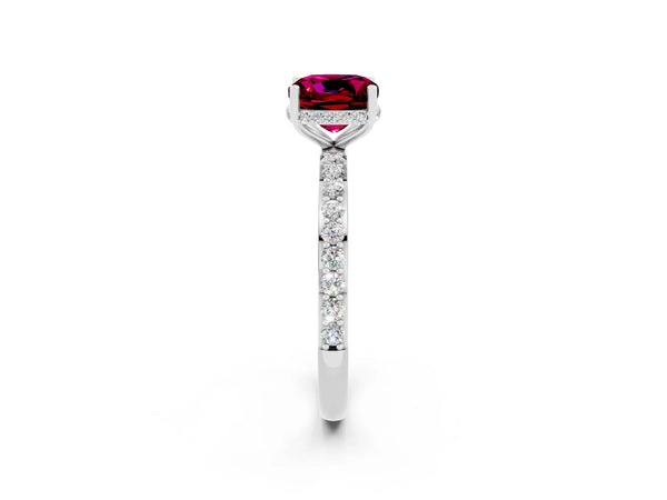 Silver Cushion Cut Garnet Solitaire Ring with Pavé Band and Hidden Halo