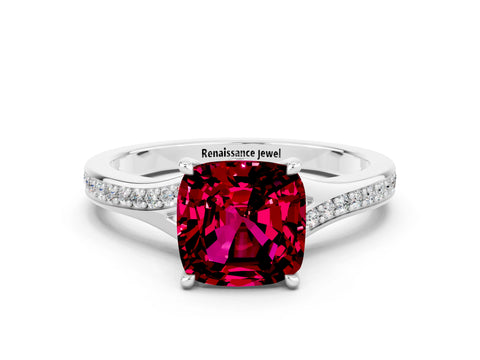 White gold Cushion Cut Garnet Solitaire Ring with Pavé Band and Prong Setting_12