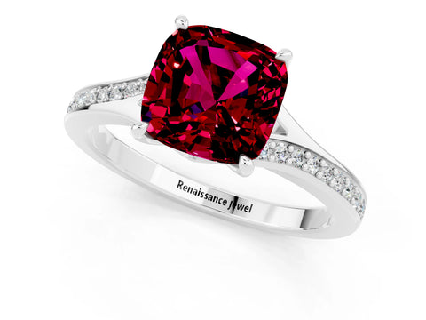 White gold Cushion Cut Garnet Solitaire Ring with Pavé Band and Prong Setting_13