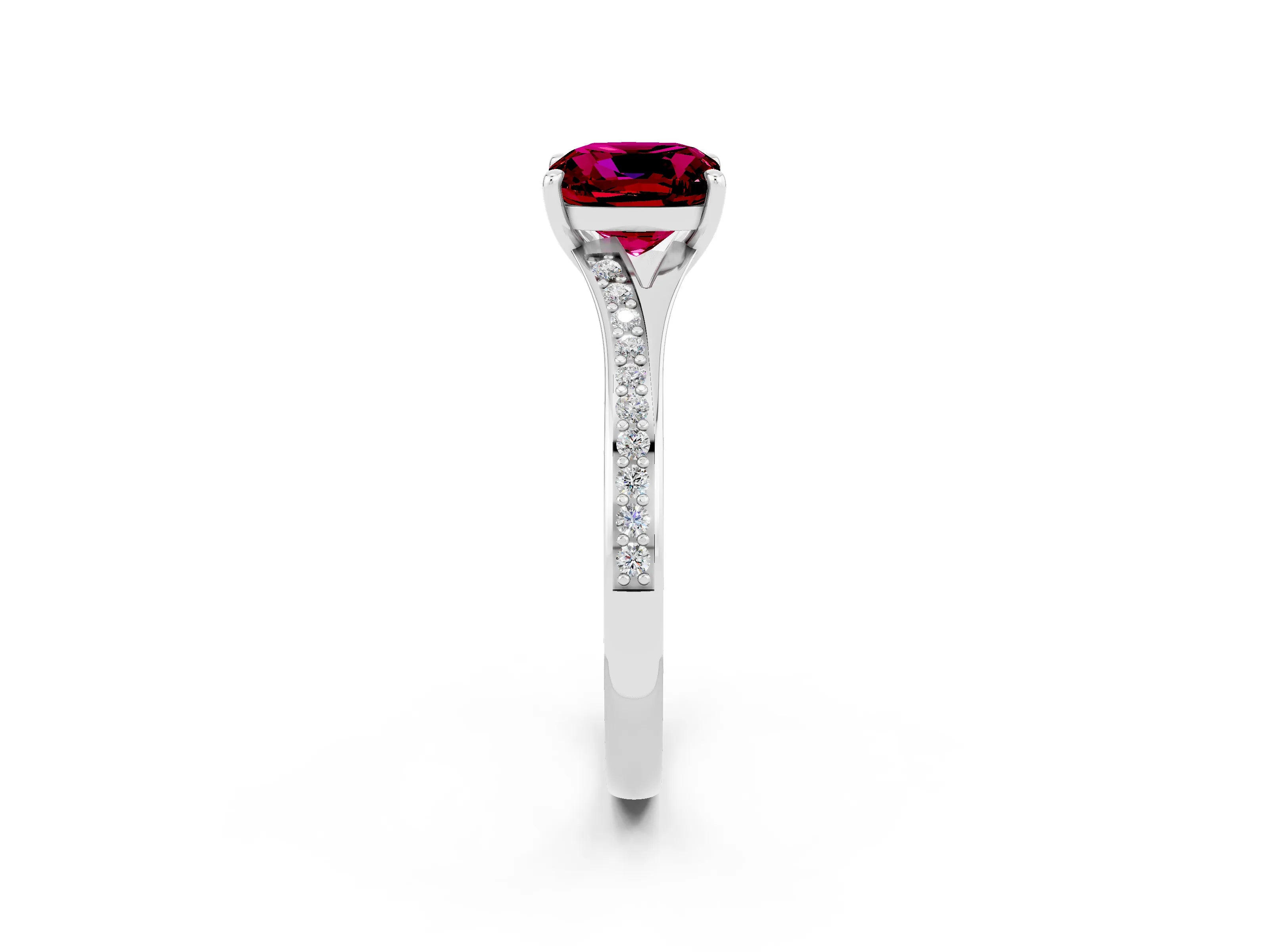 White gold Cushion Cut Garnet Solitaire Ring with Pavé Band and Prong Setting_14