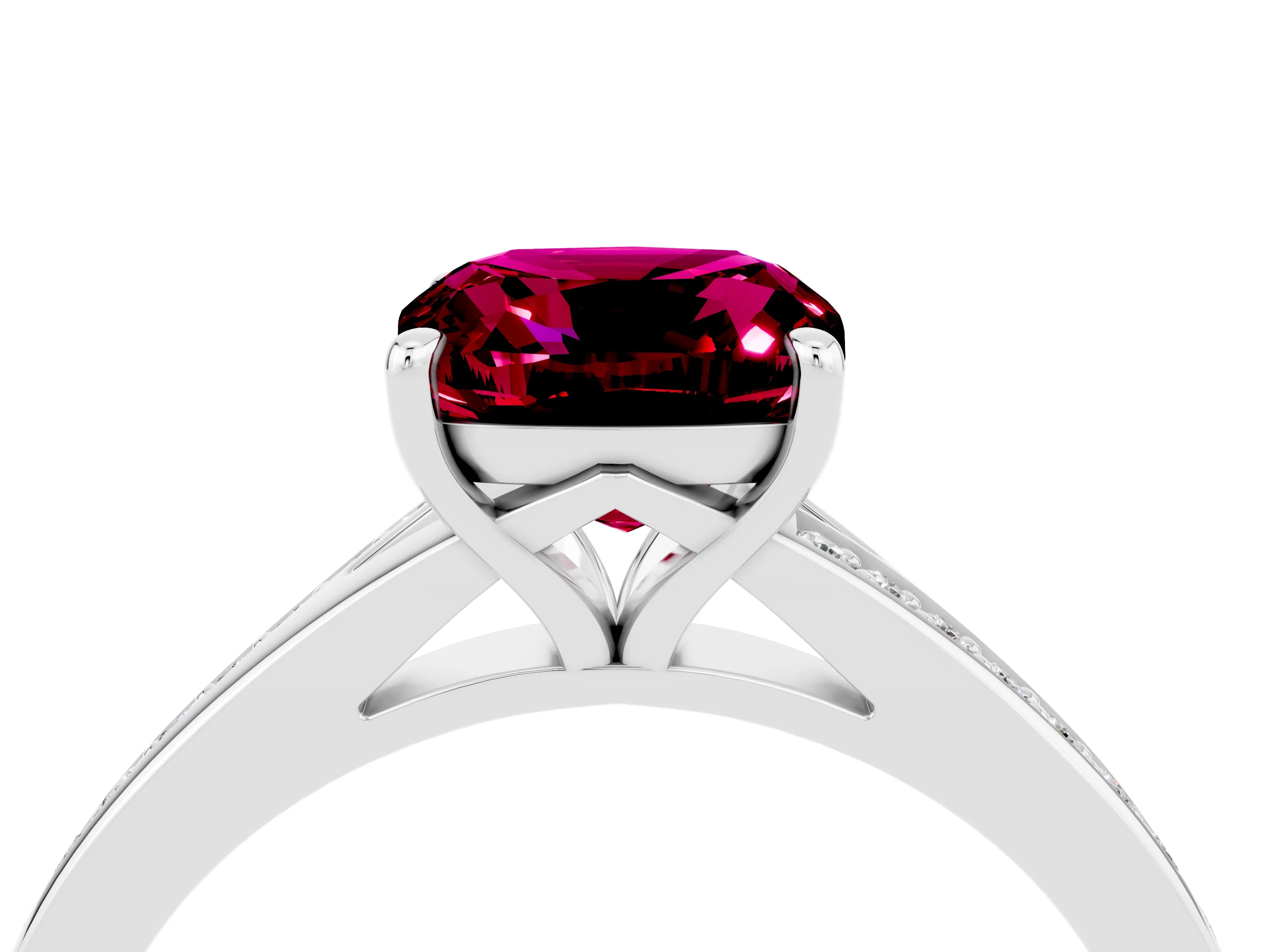 White gold Cushion Cut Garnet Solitaire Ring with Pavé Band and Prong Setting_16