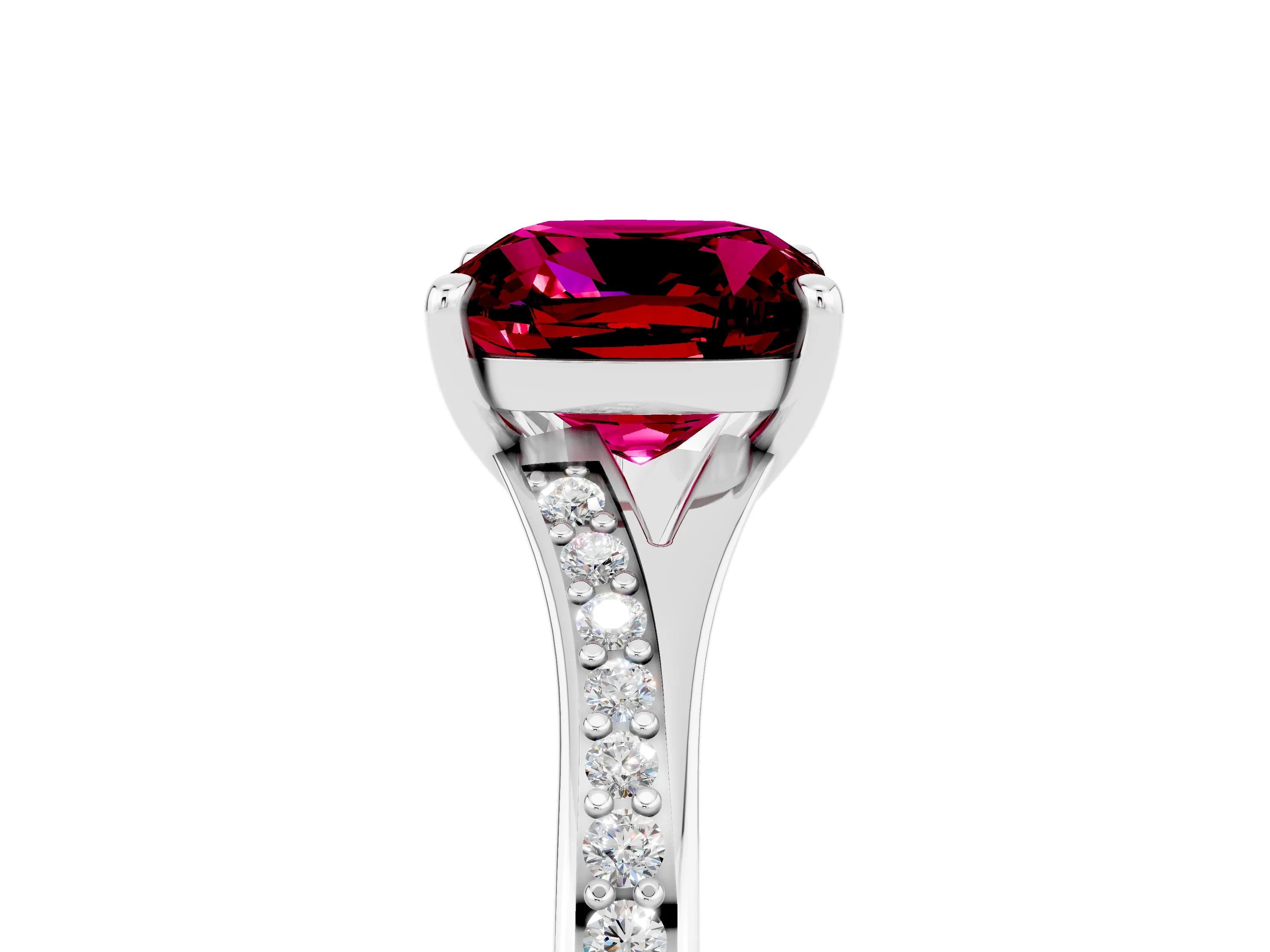 White gold Cushion Cut Garnet Solitaire Ring with Pavé Band and Prong Setting_5