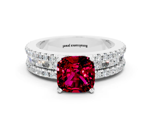 Platinum Cushion Cut Garnet Solitaire Ring with Pavé and Channel Set Band