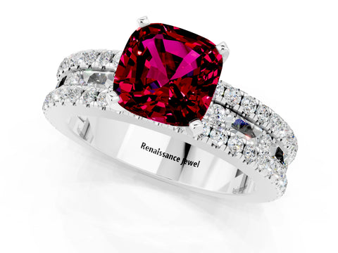 White gold Cushion Cut Garnet Solitaire Ring with Pavé and Channel Set Band_1