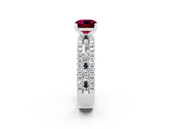 Platinum Cushion Cut Garnet Solitaire Ring with Pavé and Channel Set Band