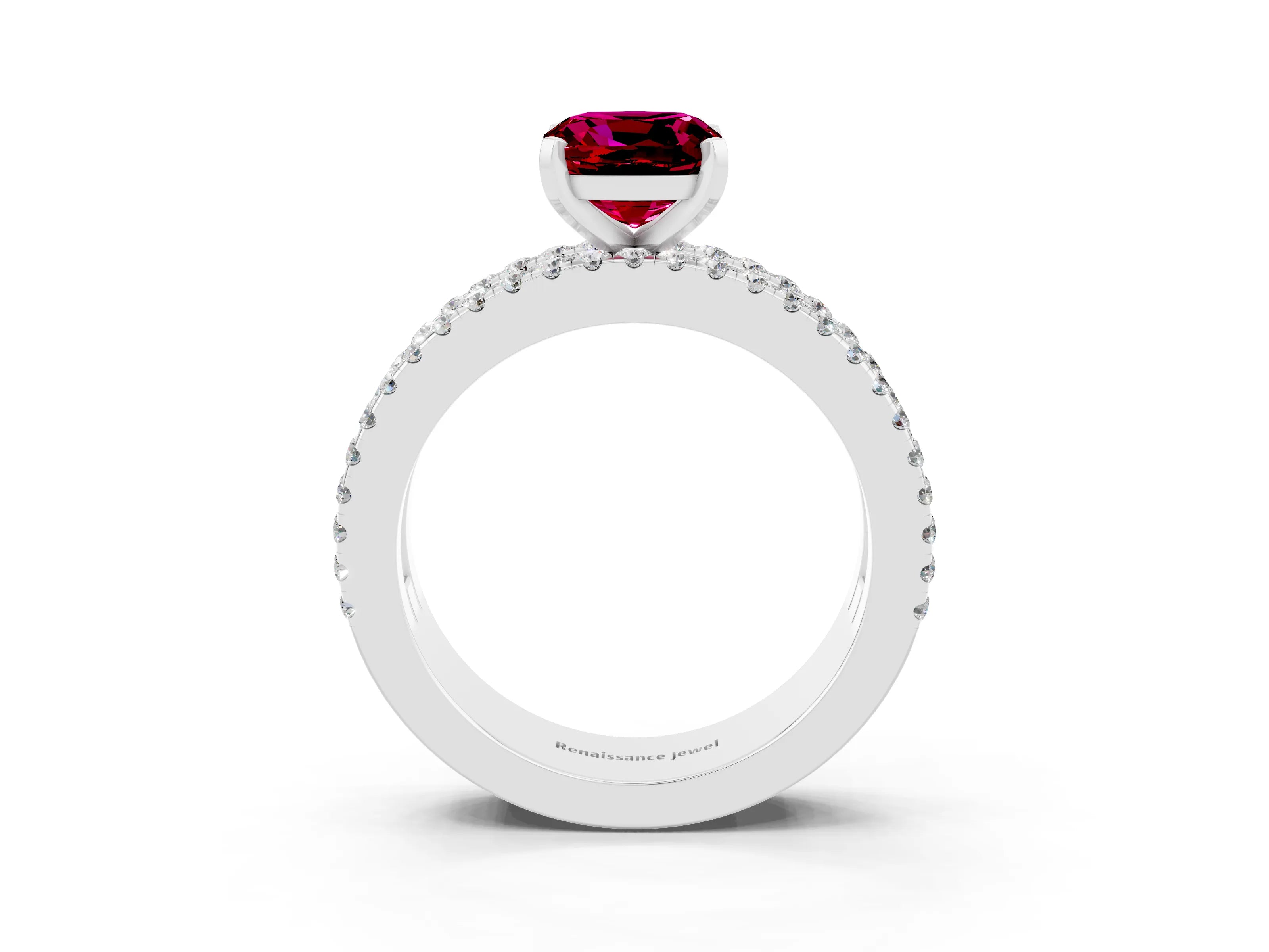 White gold Cushion Cut Garnet Solitaire Ring with Pavé and Channel Set Band_3