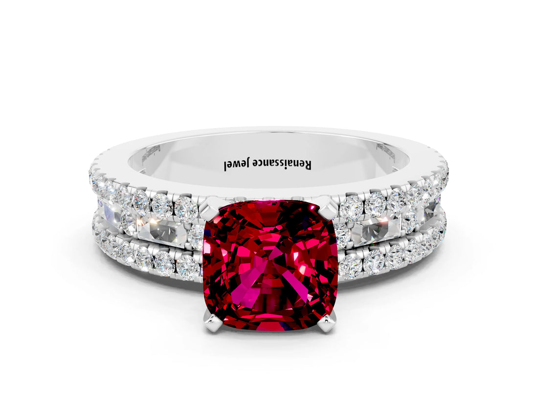 White gold Cushion Cut Garnet Solitaire Ring with Pavé and Channel Set Band