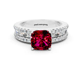 White gold Cushion Cut Garnet Solitaire Ring with Pavé and Channel Set Band