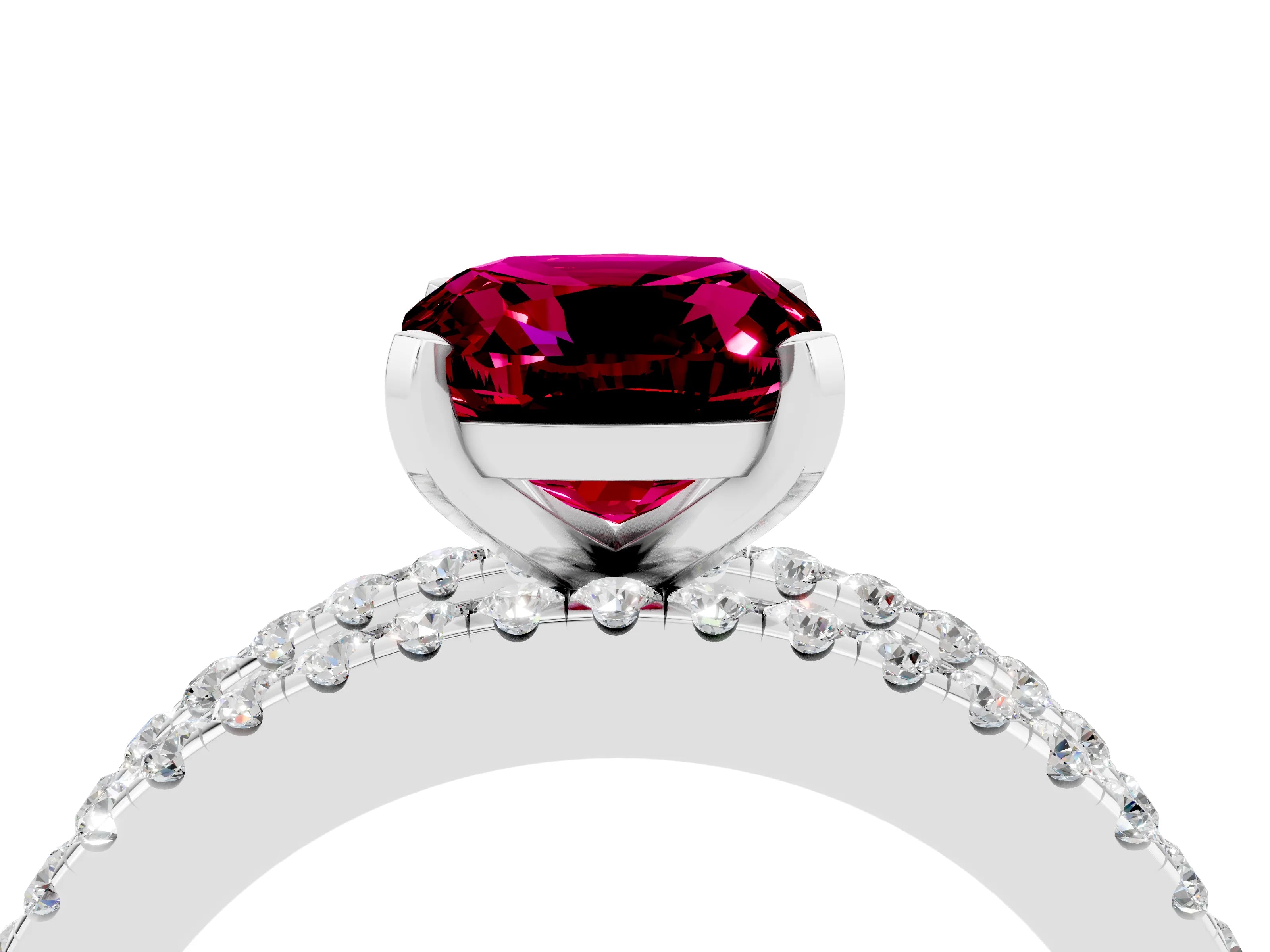 White gold Cushion Cut Garnet Solitaire Ring with Pavé and Channel Set Band_4