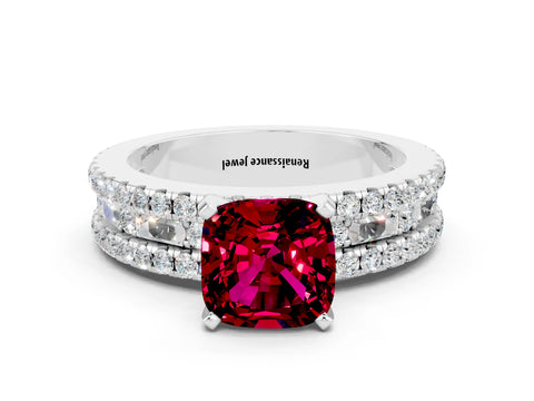 White gold Cushion Cut Garnet Solitaire Ring with Pavé and Channel Set Band