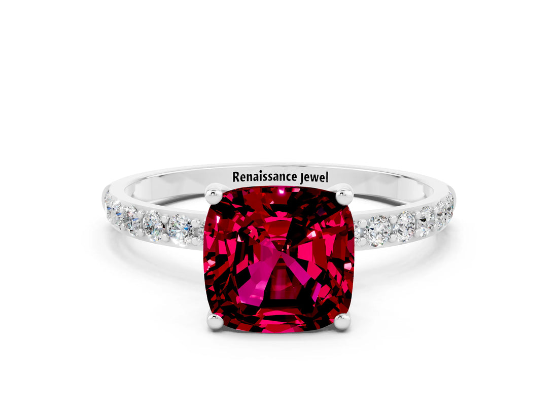 White gold Cushion Cut Garnet Solitaire Ring with Pave Band and Four Prong Setting_24