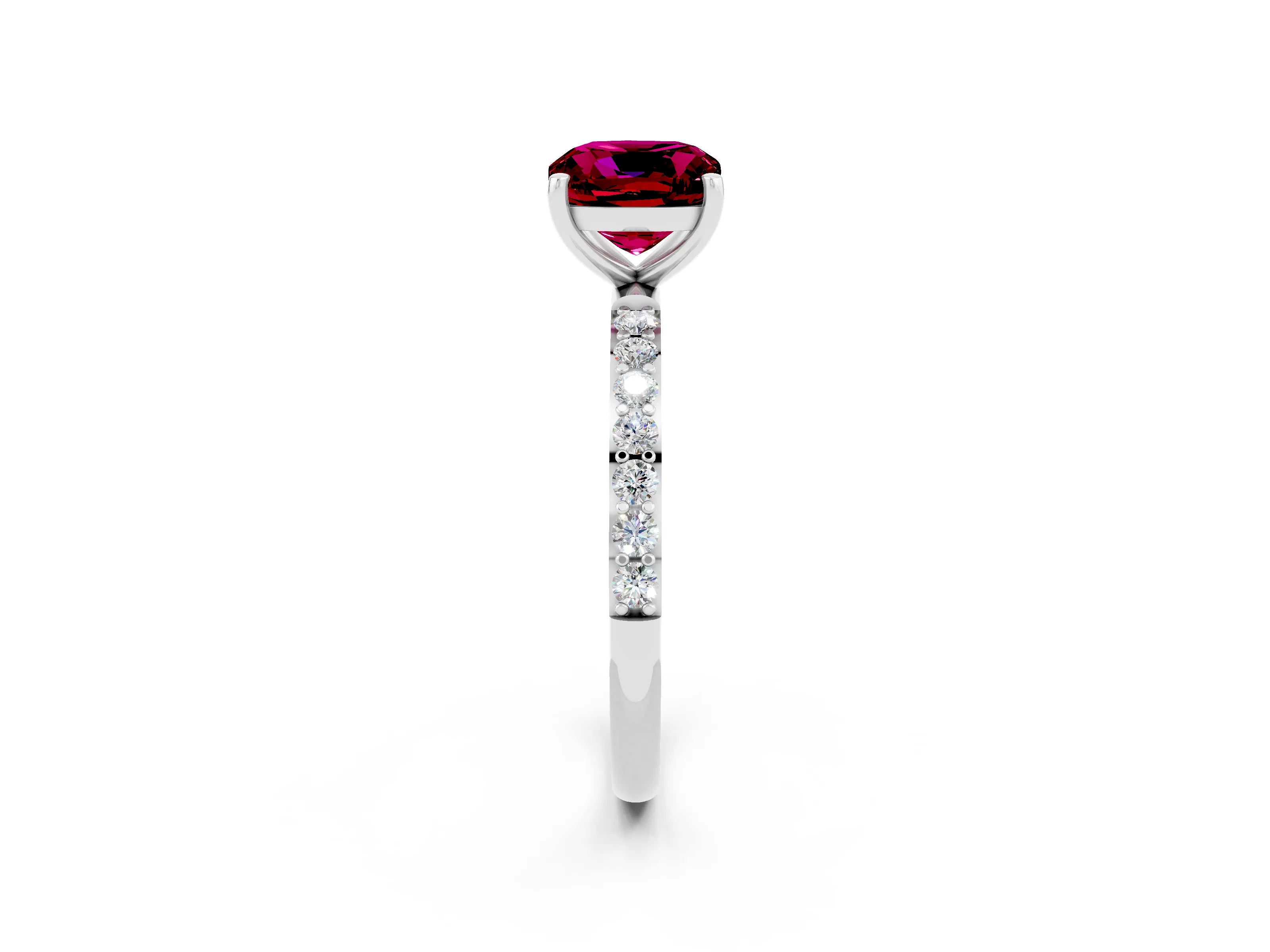 White gold Cushion Cut Garnet Solitaire Ring with Pave Band and Four Prong Setting_26