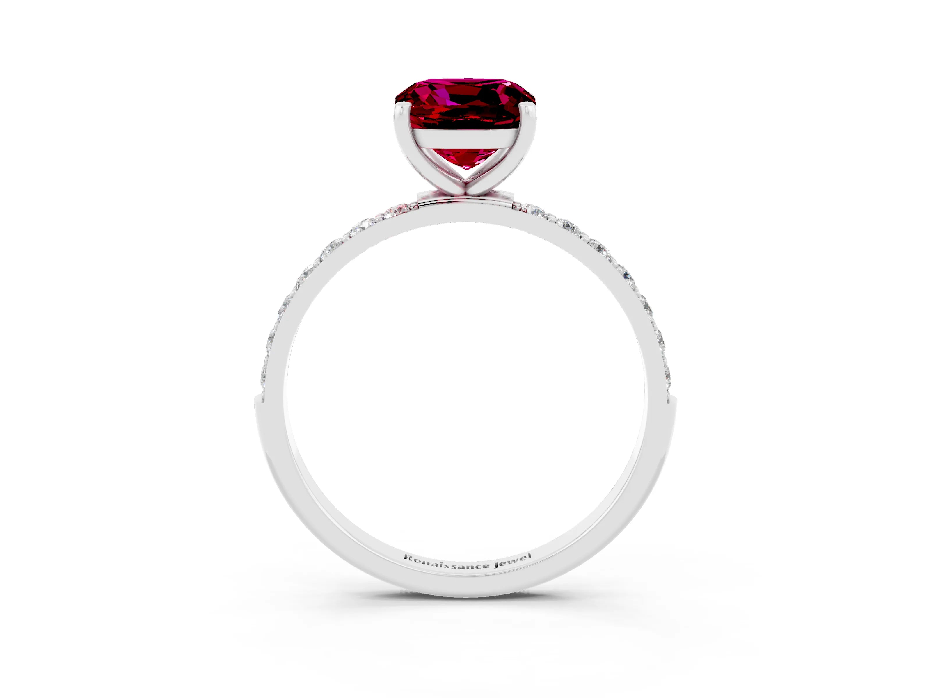 White gold Cushion Cut Garnet Solitaire Ring with Pave Band and Four Prong Setting_27