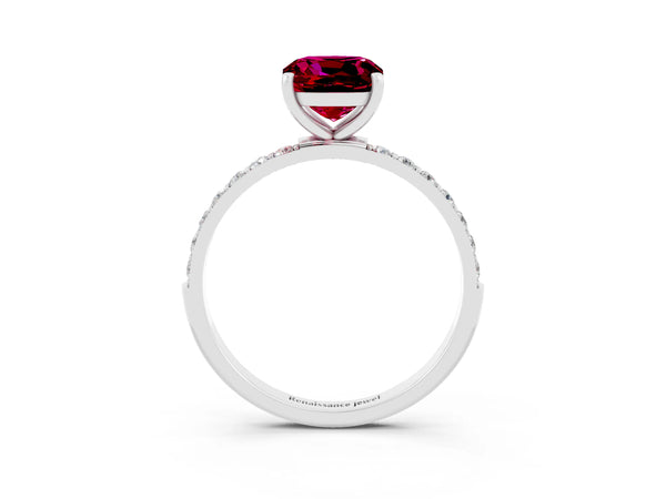 White gold Cushion Cut Garnet Solitaire Ring with Round  Pavé Band and Prong Setting