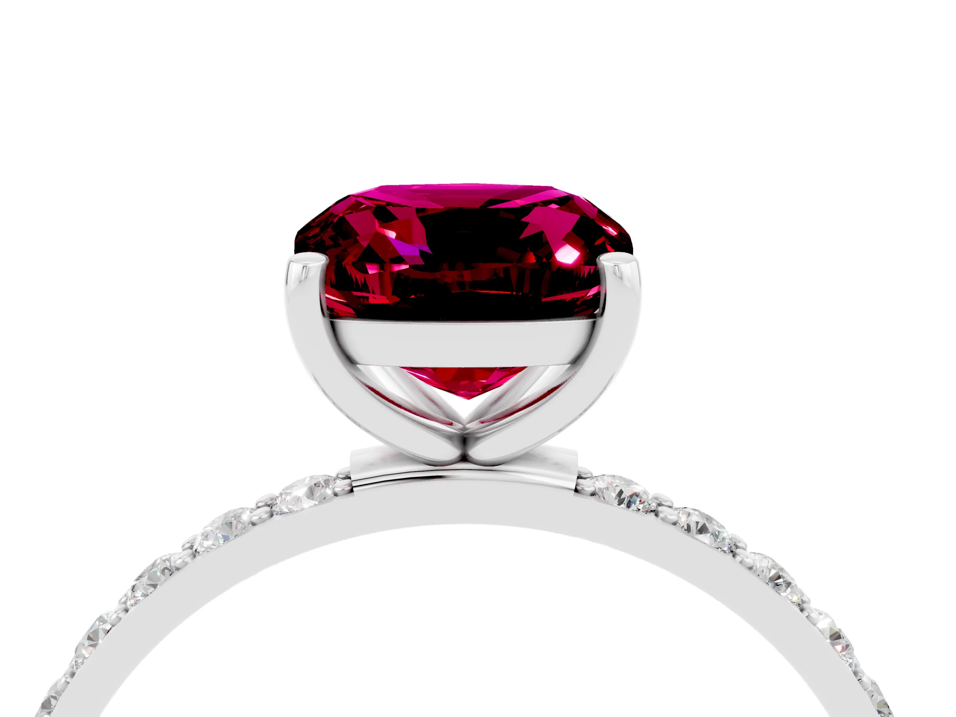 White gold Cushion Cut Garnet Solitaire Ring with Pave Band and Four Prong Setting_28