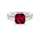 White gold Cushion Cut Garnet Solitaire Ring with Round  Pavé Band and Four-Prong Setting_60