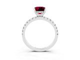 White gold Cushion Cut Garnet Solitaire Ring with Round  Pavé Band and Four-Prong Setting_63