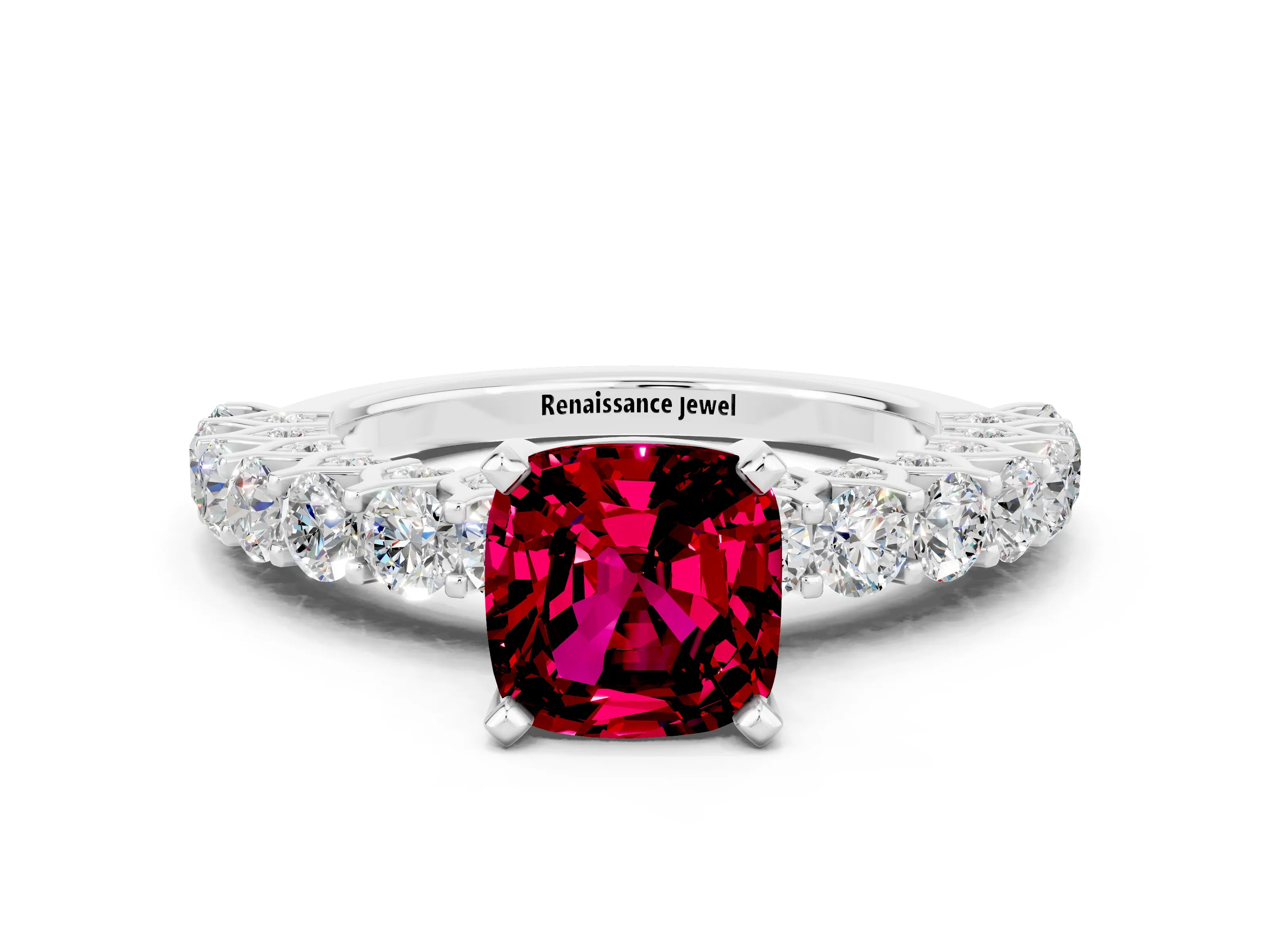 White gold Cushion Cut Garnet Solitaire Ring with Shared Prong Pavé Band and Four-Prong Setting