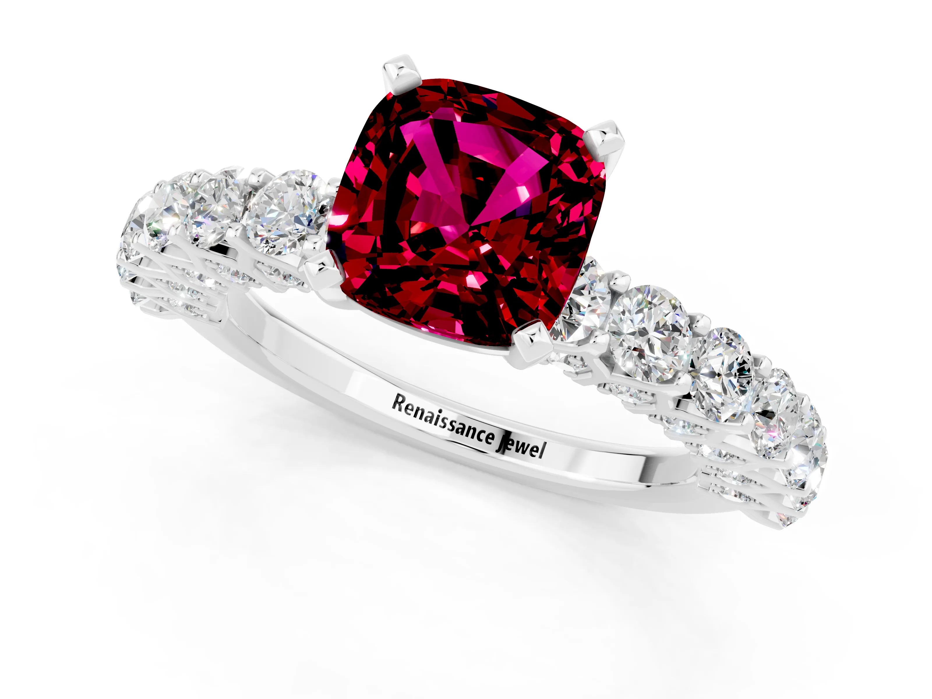 White gold Cushion Cut Garnet Solitaire Ring with Shared Prong Pavé Band and Four-Prong Setting_1