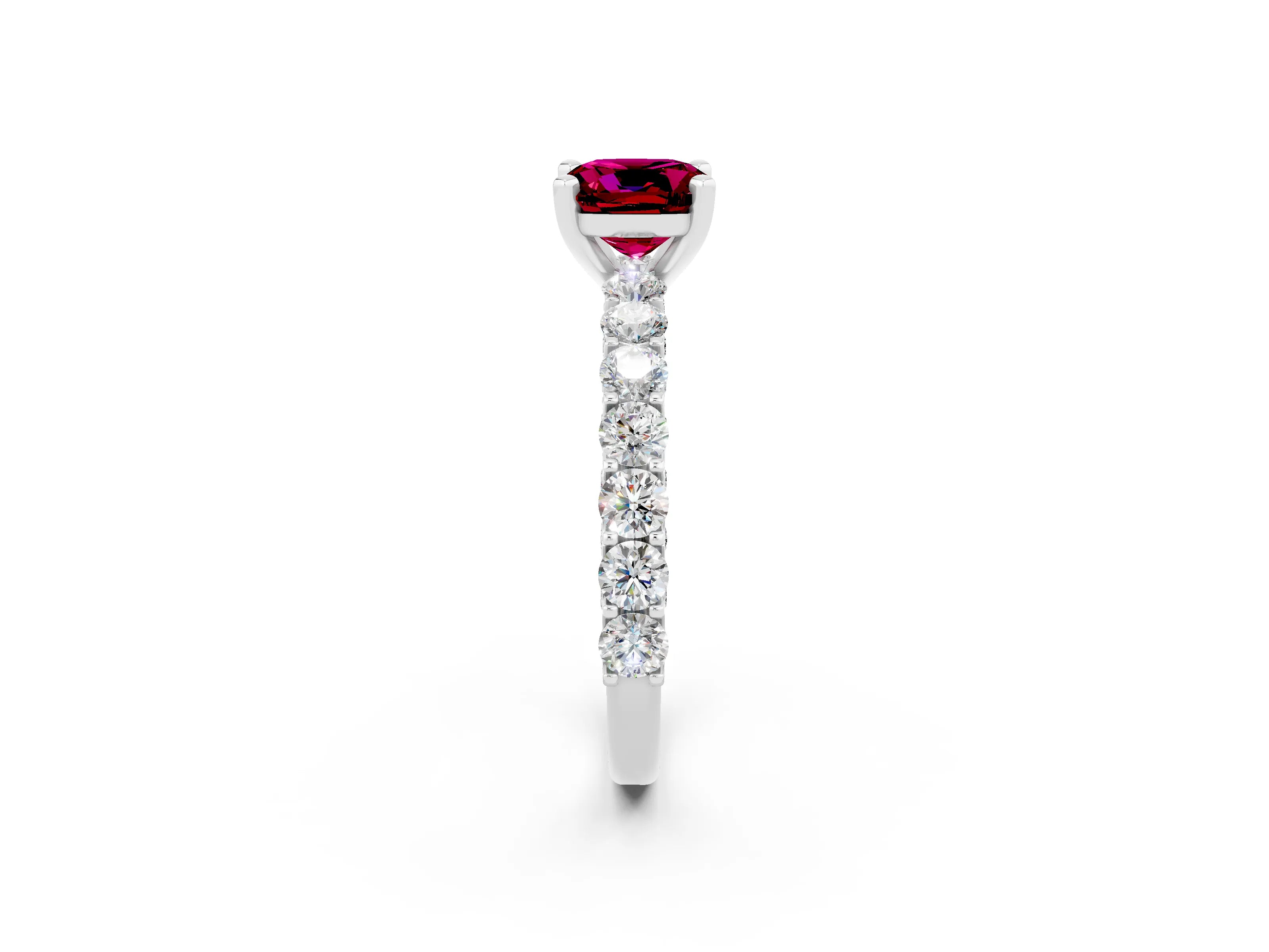 White gold Cushion Cut Garnet Solitaire Ring with Shared Prong Pavé Band and Four-Prong Setting_2
