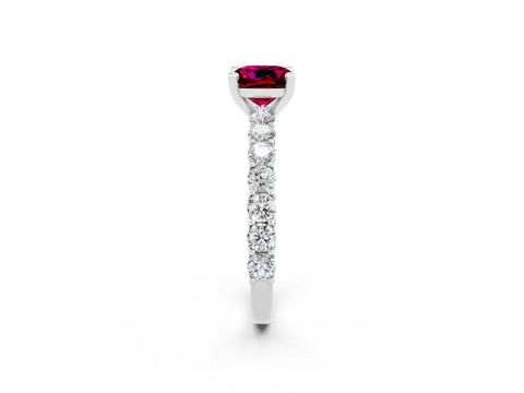 White gold Cushion Cut Garnet Solitaire Ring with Shared Prong Pavé Band and Four-Prong Setting_2