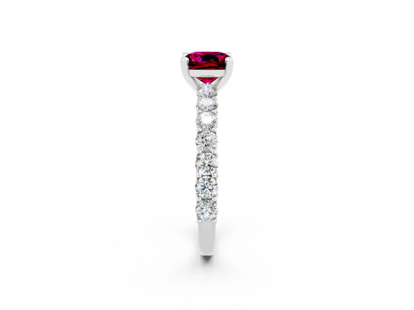 White gold Cushion Cut Garnet Solitaire Ring with Shared Prong Pavé Band and Four-Prong Setting