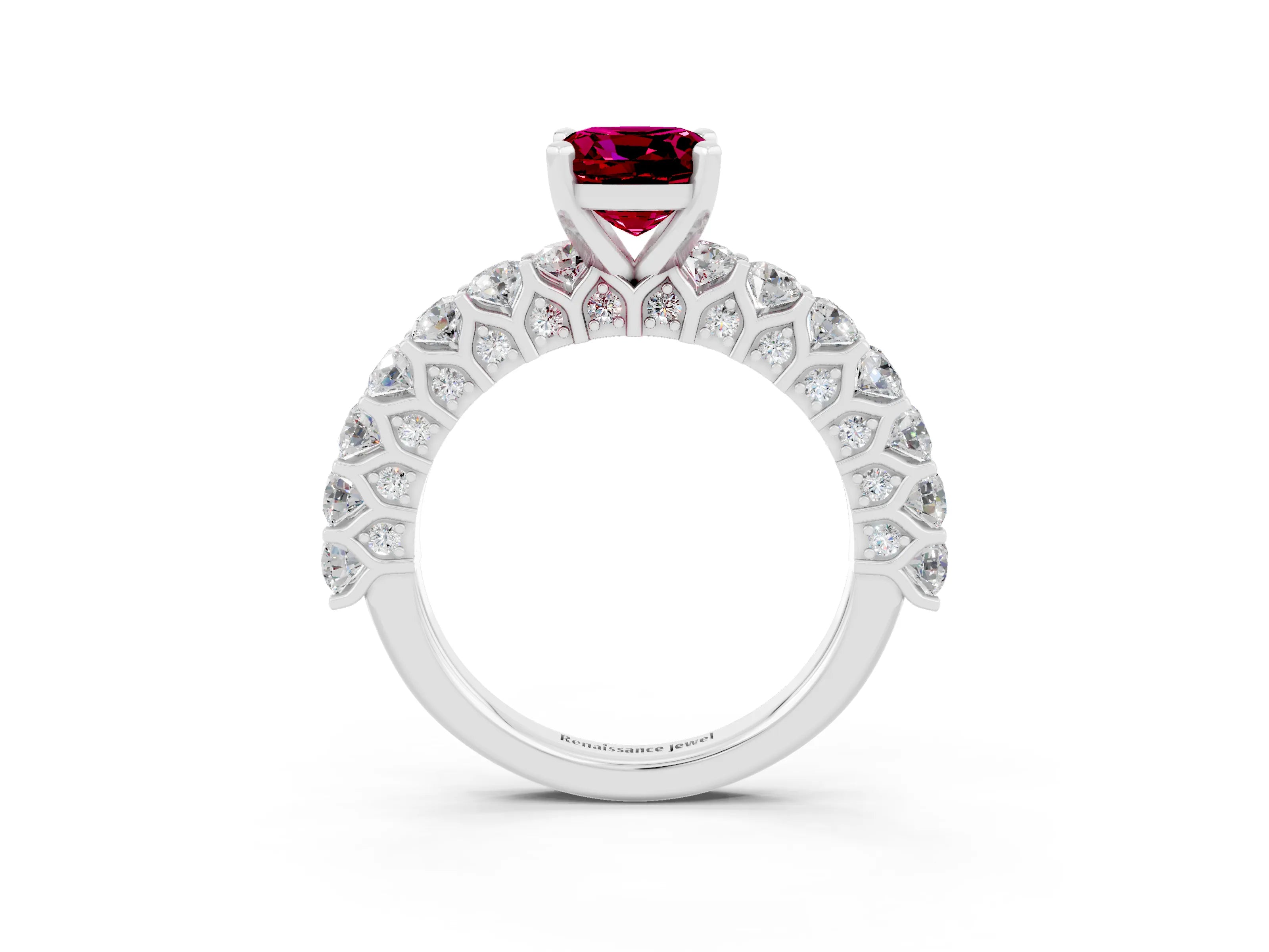 White gold Cushion Cut Garnet Solitaire Ring with Shared Prong Pavé Band and Four-Prong Setting_3