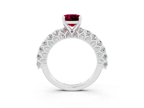Silver Cushion Cut Garnet Solitaire Ring with Shared Prong Pavé Band and Four-Prong Setting