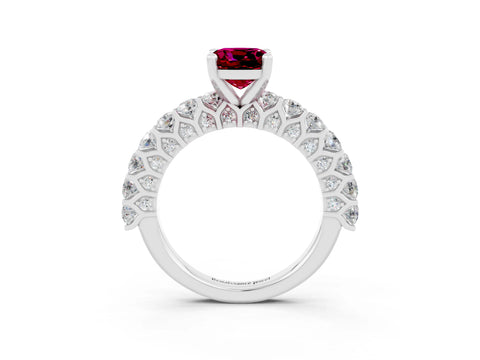 White gold Cushion Cut Garnet Solitaire Ring with Shared Prong Pavé Band and Four-Prong Setting_3