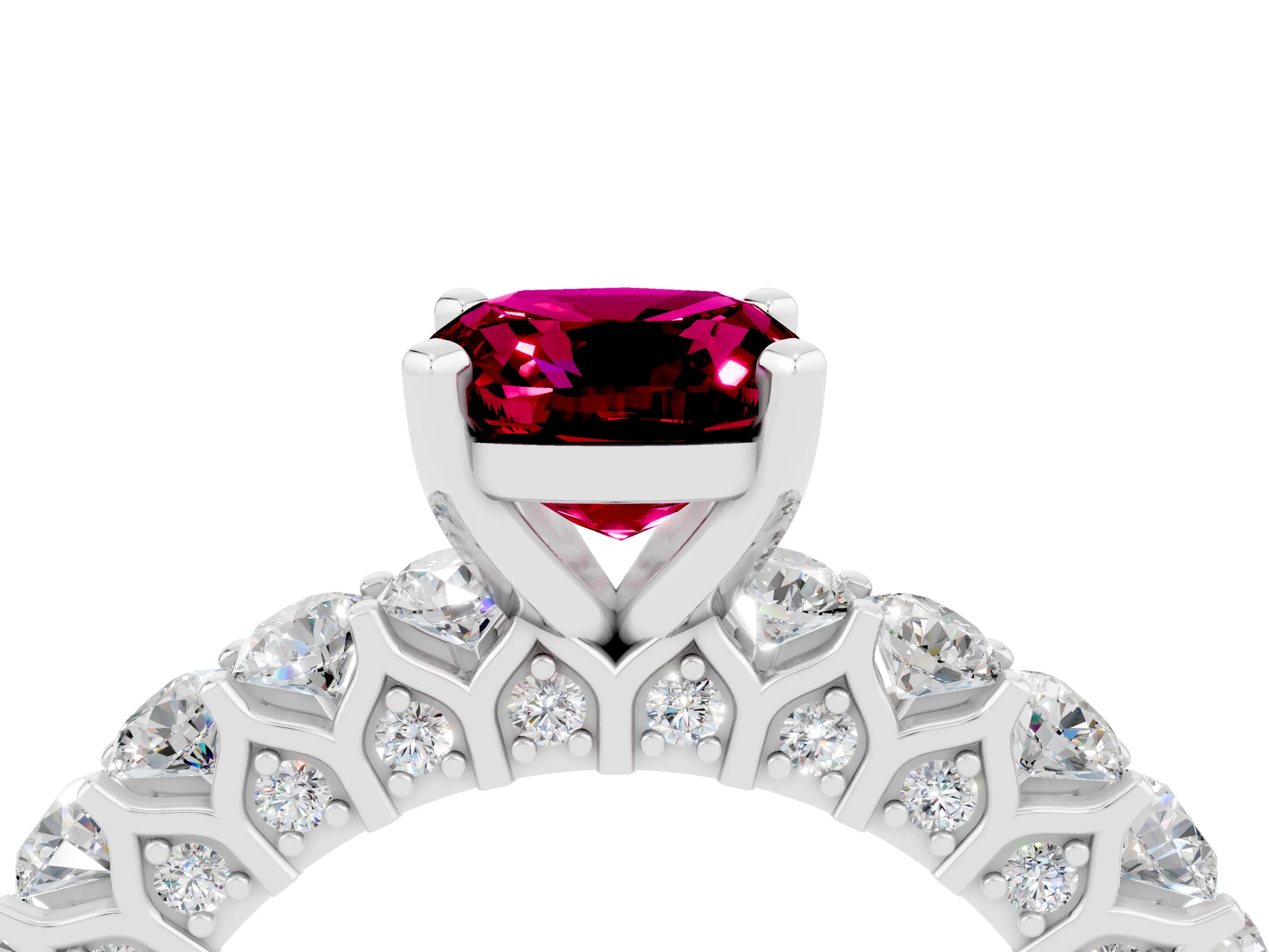White gold Cushion Cut Garnet Solitaire Ring with Shared Prong Pavé Band and Four-Prong Setting_4