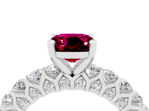 White gold Cushion Cut Garnet Solitaire Ring with Shared Prong Pavé Band and Four-Prong Setting_4