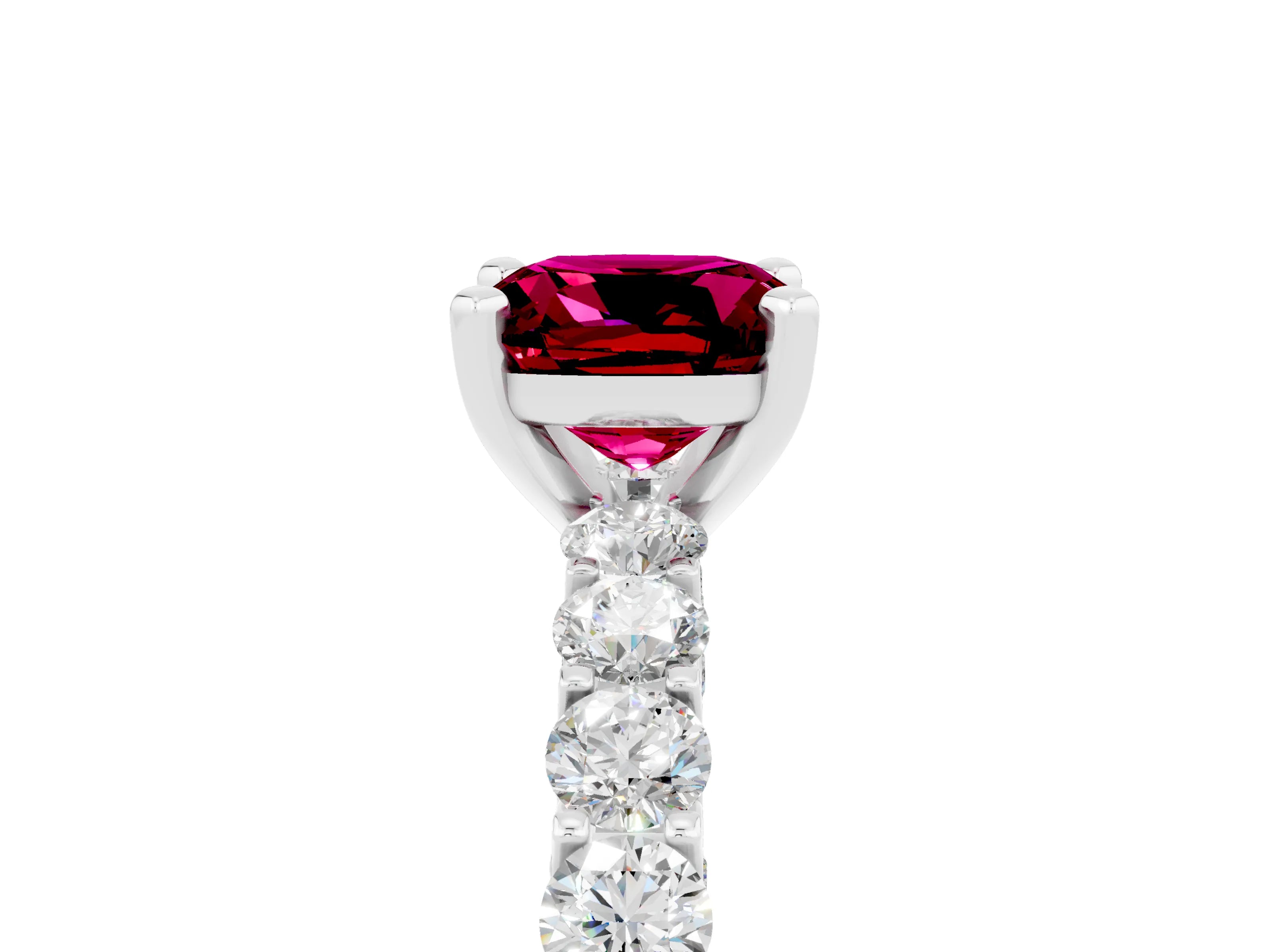White gold Cushion Cut Garnet Solitaire Ring with Shared Prong Pavé Band and Four-Prong Setting_5