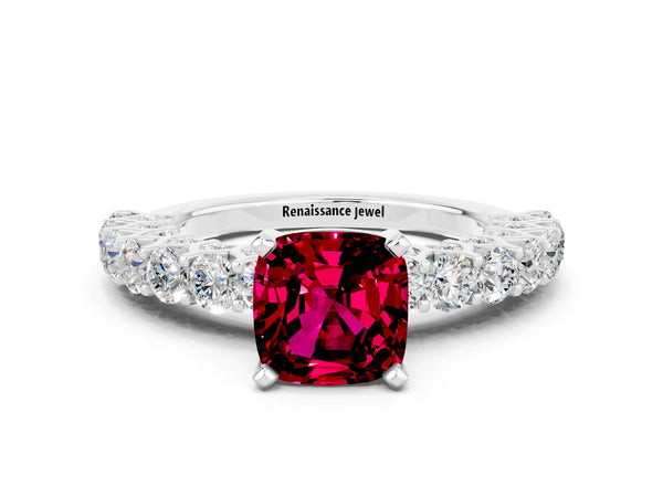 White gold Cushion Cut Garnet Solitaire Ring with Shared Prong Pavé Band and Four-Prong Setting