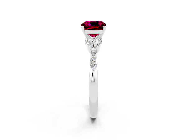 Silver Cushion Cut Garnet Solitaire Ring with Side Stones and Four-Prong Setting