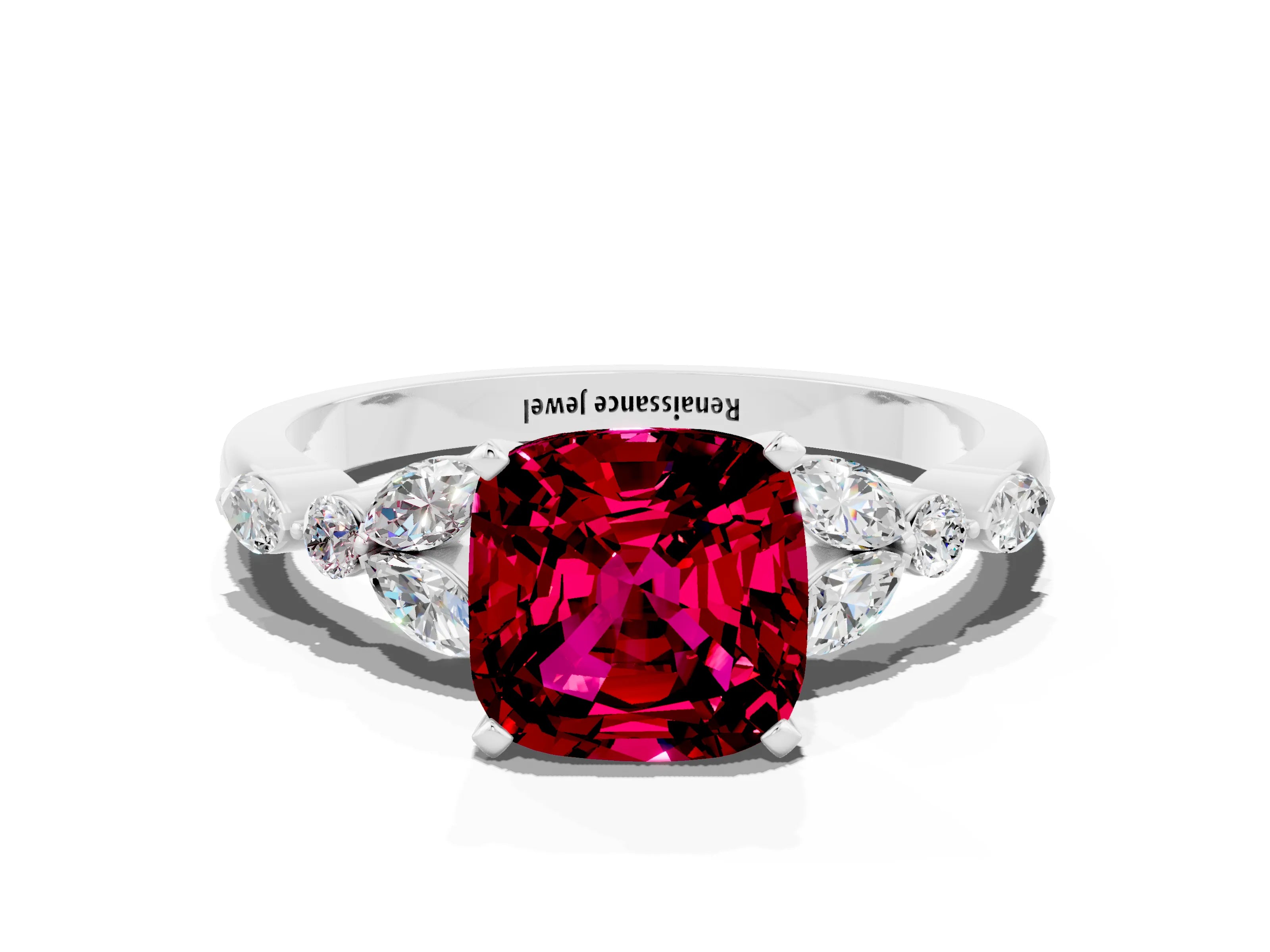 White gold Cushion Cut Garnet Solitaire Ring with Side Stones and Four-Prong Setting_24