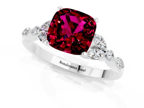 White gold Cushion Cut Garnet Solitaire Ring with Side Stones and Four-Prong Setting_25