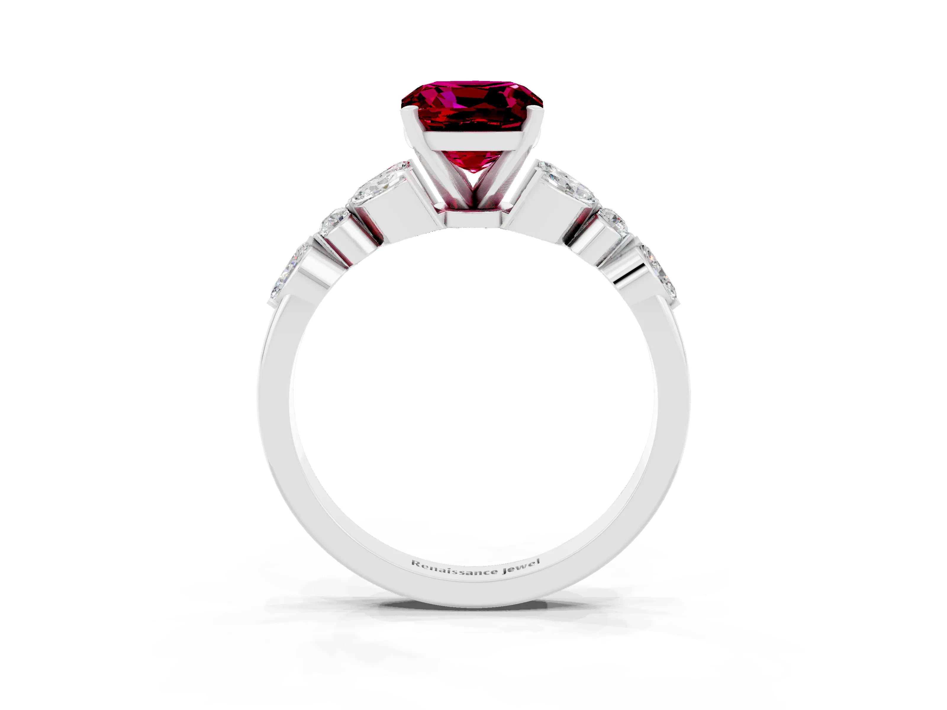 White gold Cushion Cut Garnet Solitaire Ring with Side Stones and Four-Prong Setting_27