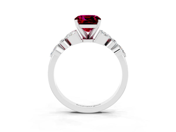 White gold Cushion Cut Garnet Solitaire Ring with Side Stones and Four-Prong Setting