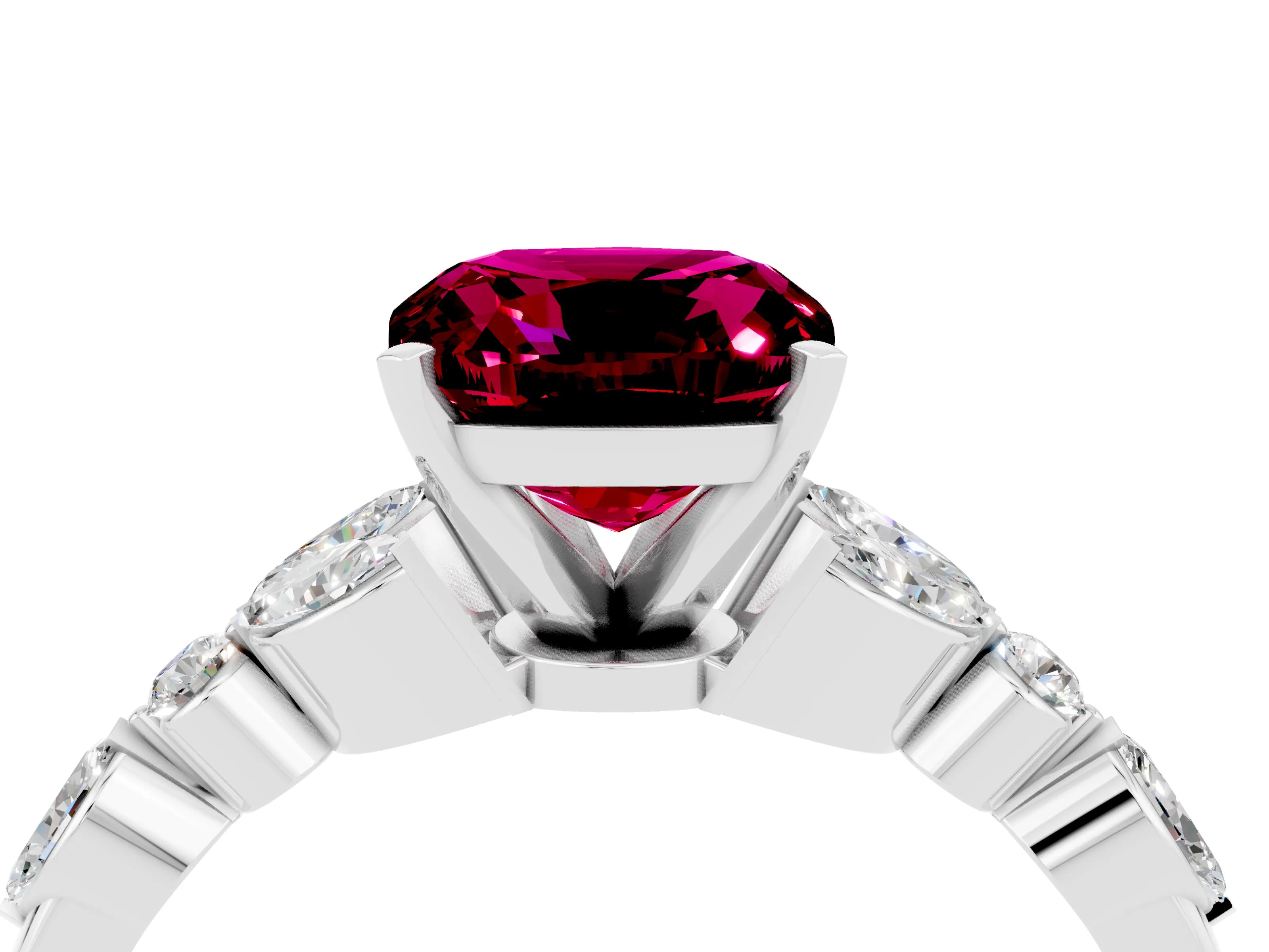 White gold Cushion Cut Garnet Solitaire Ring with Side Stones and Four-Prong Setting_28